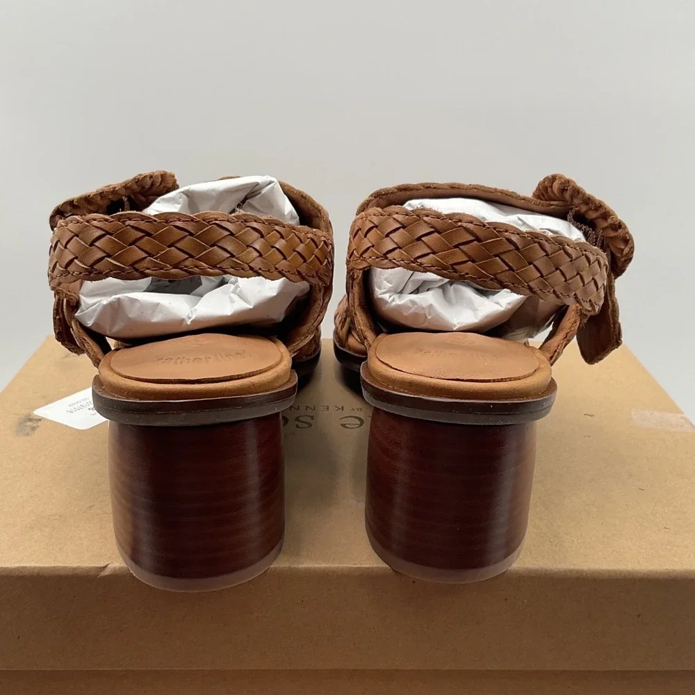 Gentle Souls Madylyn woven Leather Block Heel Sandals Cognac Brown Size 9